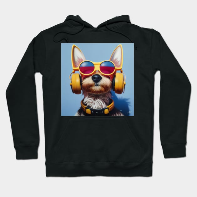 Yorkie Terrier Wearing Yellow Glasses and Headphones Hoodie by Studiowatermars